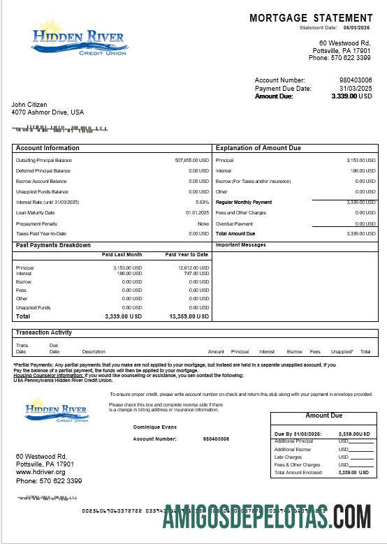Declaração de hipoteca da cooperativa de crédito Hidden River dos EUA, Pensilvânia, em formatos Word e PDF modelo